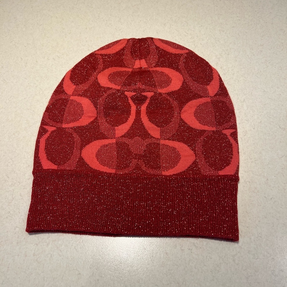 Coach Tonal Dream Red Logo Wool Glitter Beanie Hat - Picture 2 of 3
